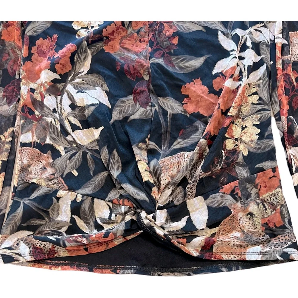 INC Floral Leopard Print Twist Hem Long Sleeve V Neck Blouse Sz XS NWOT - Picture 8 of 10